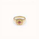 Loen Jewelry gold signet ring with pink starburst gemstone. Inspired by Parisian New Wave.