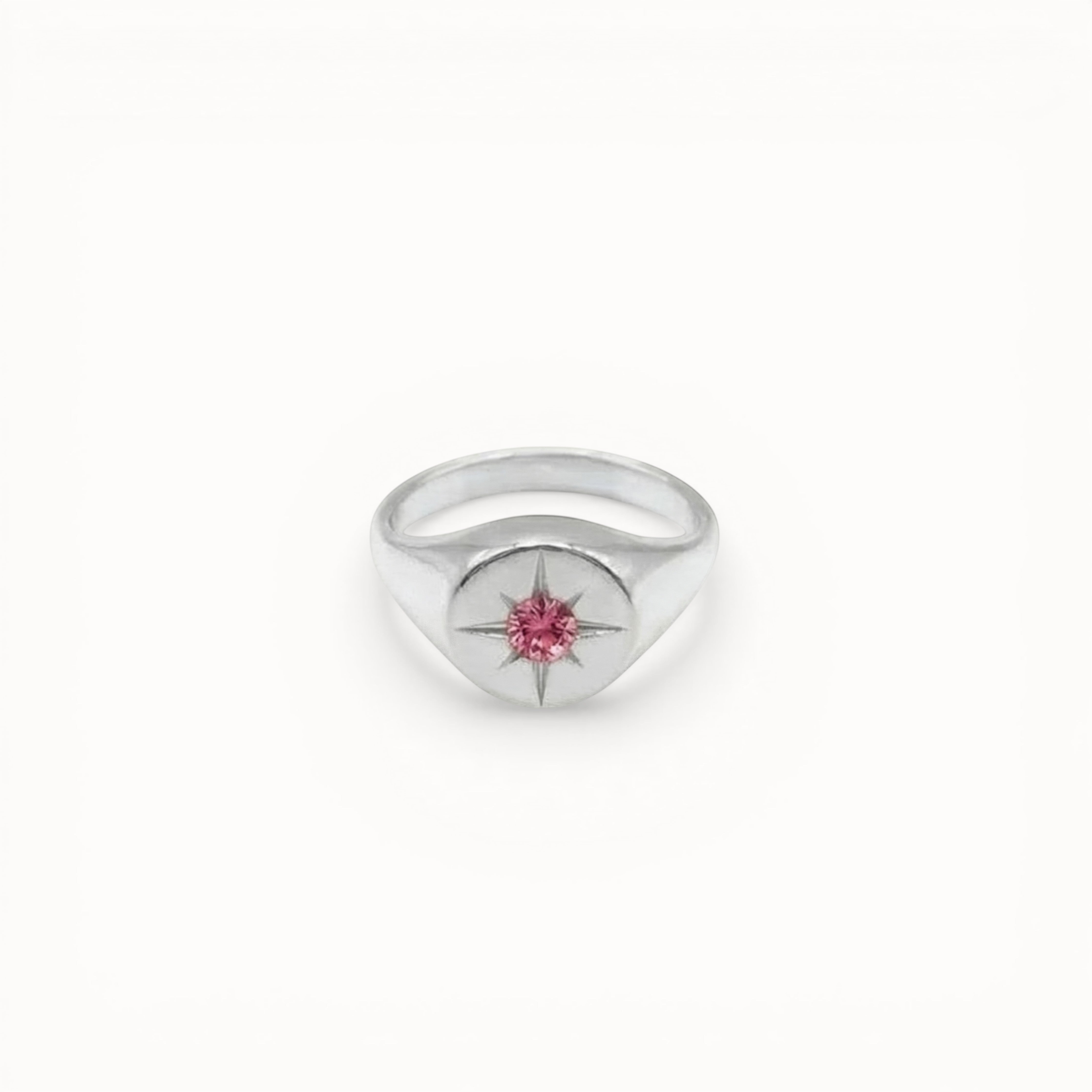 Loen Jewelry silver signet ring with pink starburst gemstone, inspired by Parisian New Wave.