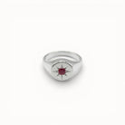 Loen Jewelry silver signet ring with red starburst gemstone, inspired by Parisian New Wave.